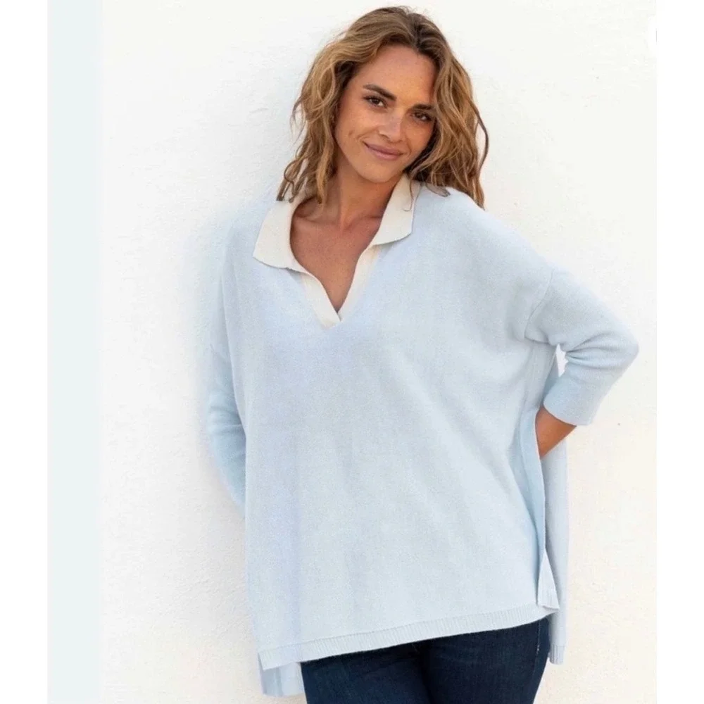 Mersea OS Catalina Light Blue Polo V-Neck Oversized Lightweight Knit Sweater